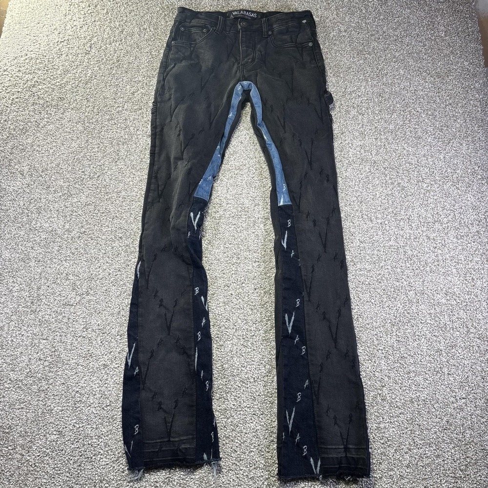 Valabasas Jeans Mens 29x34 Black Dark Wash Skinny Fit Logo Denim Distressed - Picture 2 of 12